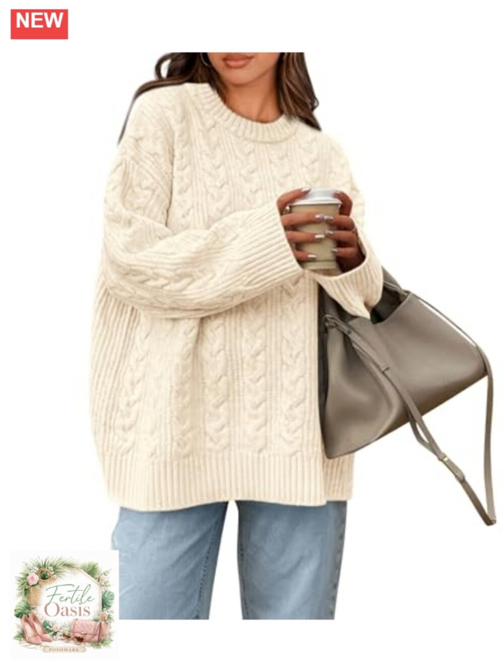 Oversized Cable Knit Pullover Sweater Women Cozy Crew Neck Long Sleeve Chunky